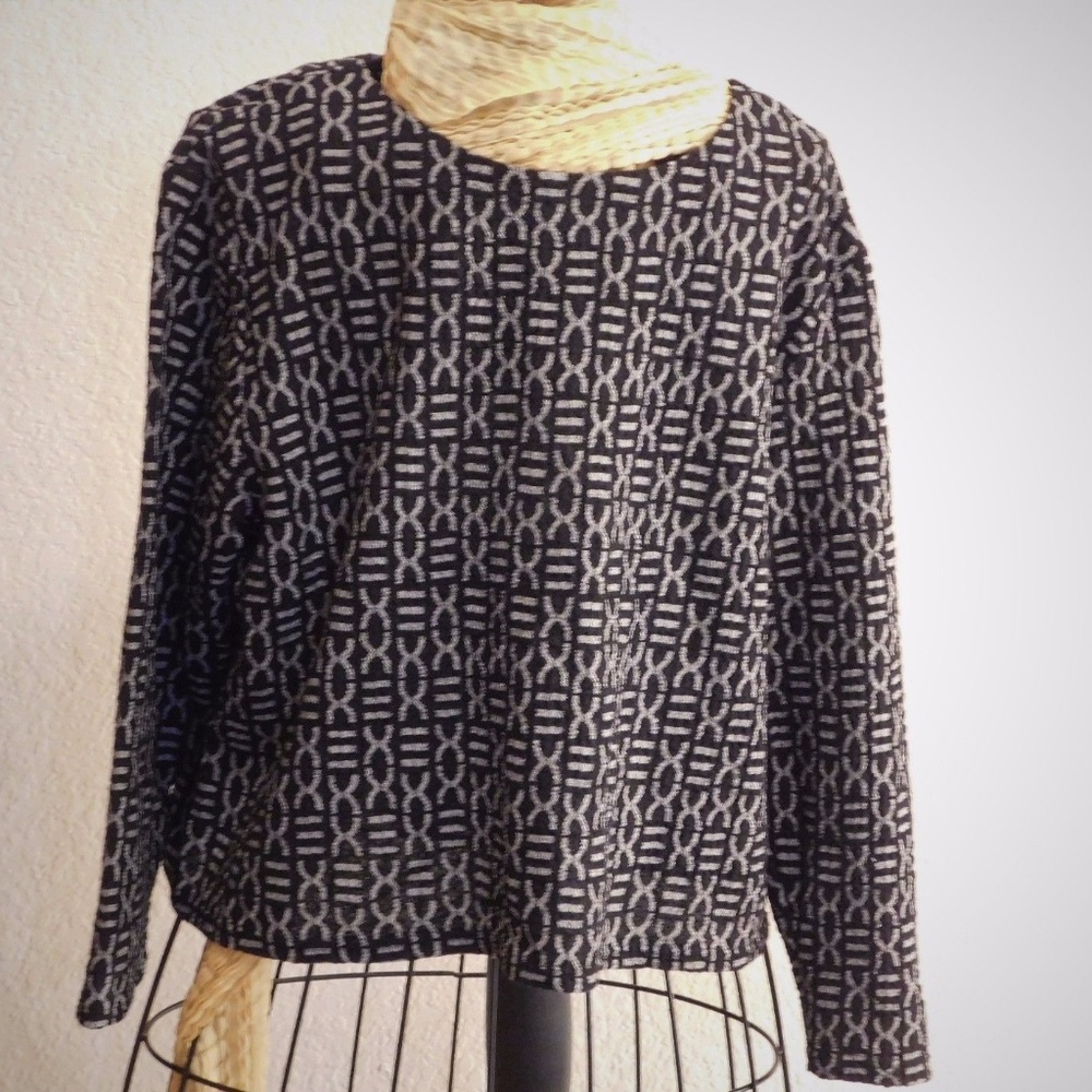 Coldwater Creek Black Tribal Print Boat Neck Top L